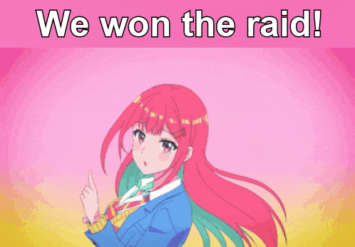 a cartoon girl with red hair is standing in front of a sign that says we won the raid