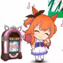 A Cartoon Girl With Red Hair Is Standing Next To A Jukebox . GIF