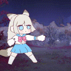 a cartoon girl with white hair and blue eyes is standing in front of a snowy mountain .