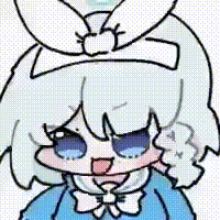 A Cartoon Girl With White Hair And Blue Eyes Is Wearing A Blue Shirt And A White Bow . GIF