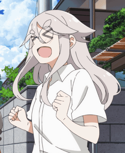 A Cartoon Girl With White Hair And Glasses Is Running GIF