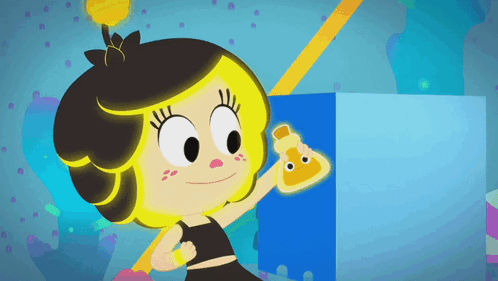 Cartoon Girl With Yellow Hair Holding Glowing Bottle GIF