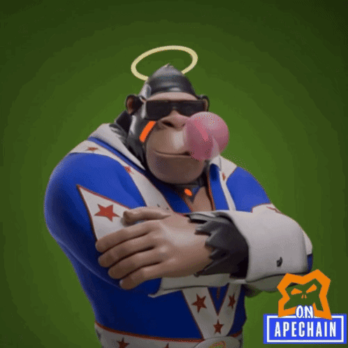 Cartoon Gorilla Blowing Pink Bubble Next To Apechain Sign GIF