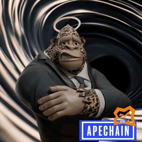 Cartoon Gorilla In Suit And Tie In Front Of Apechain Sign GIF