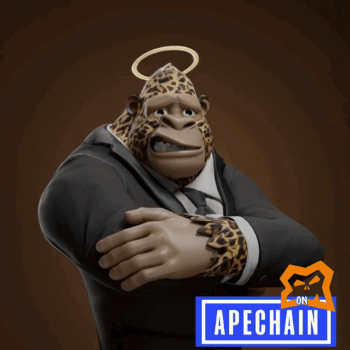 Cartoon Gorilla In Suit With Apechain Logo GIF
