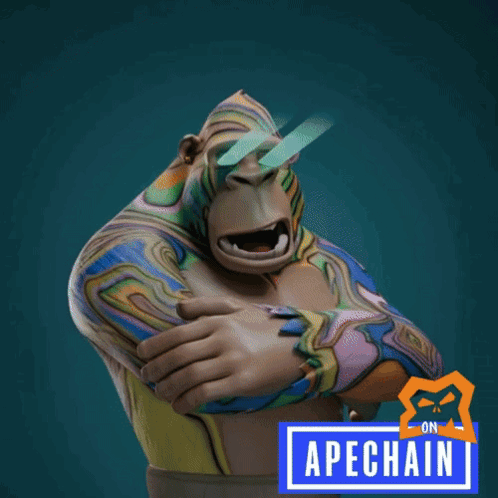 a cartoon gorilla is holding a slice of pepperoni pizza in front of a sign that says apechain