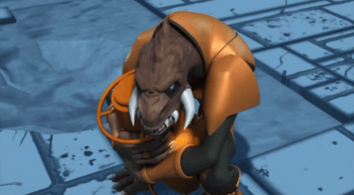 a cartoon gorilla is wearing a helmet with a circle around it