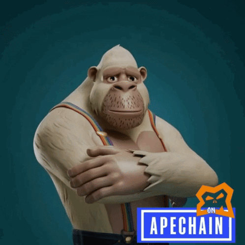 Cartoon Gorilla Wearing Suspenders And On Apechain Sign GIF