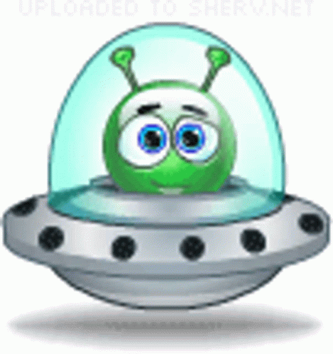 A Cartoon Green Alien Is Flying In A Spaceship . GIF