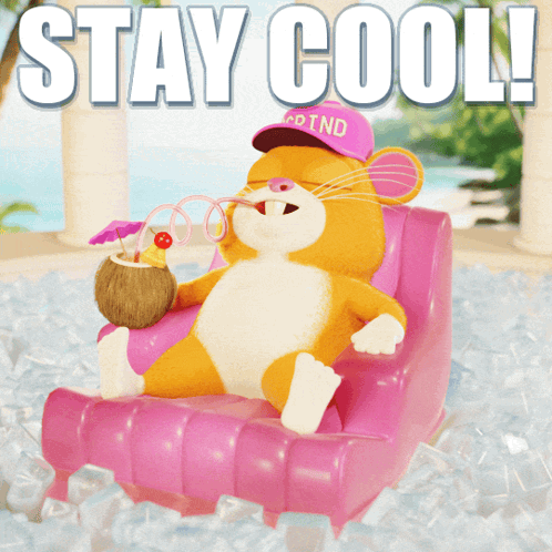 a cartoon hamster is sitting in a pink chair holding a coconut drink and wearing a pink hat that says adtnd