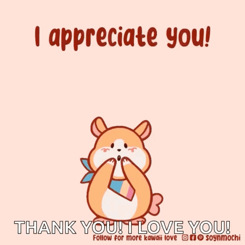 A Cartoon Hamster Is Surrounded By Pink Hearts And Says I Appreciate You Thank You I Love You GIF
