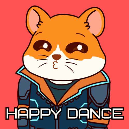 a cartoon hamster is wearing a jacket and says " happy dance "