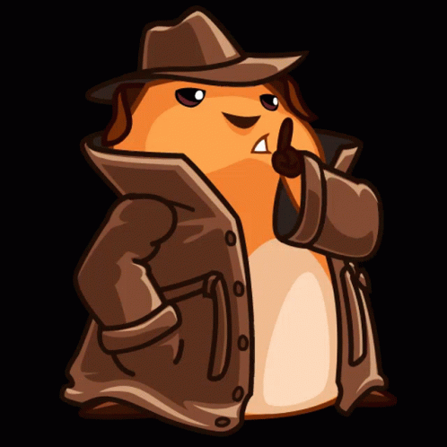A Cartoon Hamster Wearing A Hat And Coat Is Holding His Finger To His Mouth GIF