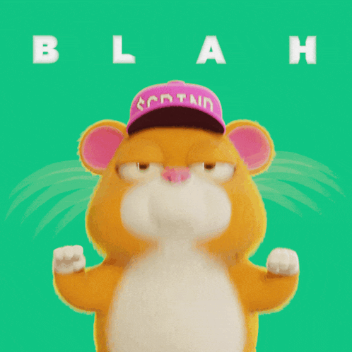 a cartoon hamster wearing a pink hat with the word blah behind it