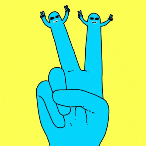 A Cartoon Hand Giving A Peace Sign With Two Blue Fingers GIF