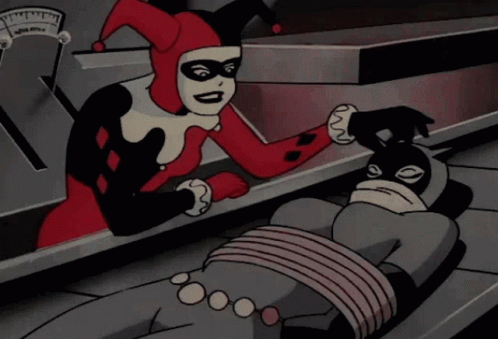 A Cartoon Harley Quinn Is Talking To A Man Tied Up GIF