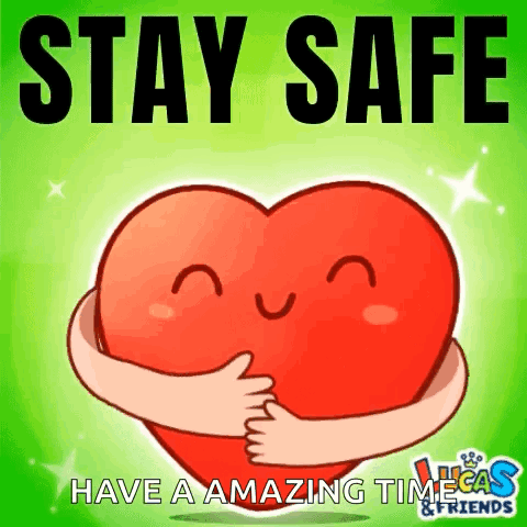 A Cartoon Heart Is Hugging Another Heart With The Words `` Stay Safe Have A Amazing Time & Friends '' . GIF