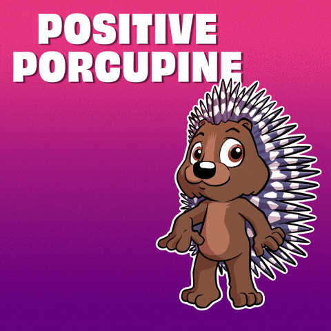 A Cartoon Hedgehog Is Standing In Front Of A Sign That Says " Positive Porcupine " GIF