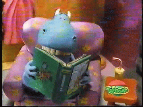 A Cartoon Hippo Is Reading A Book While Sitting In A Chair Next To A Tiger Juice GIF