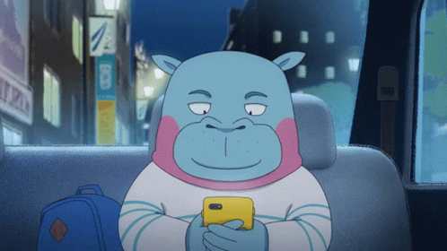 A Cartoon Hippo Is Sitting In The Back Seat Of A Car Looking At His Cell Phone GIF