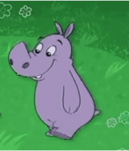 A Cartoon Hippopotamus Is Sitting On A Green Field . GIF