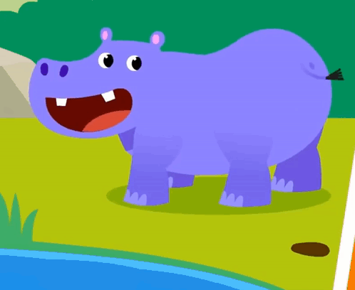 A Cartoon Hippopotamus Is Standing Next To A Pond GIF