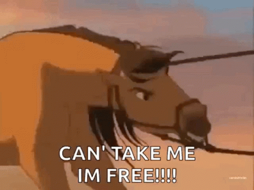 A Cartoon Horse Is Being Pulled By A Rope And Says `` Can 'T Take Me Im Free !! '' GIF