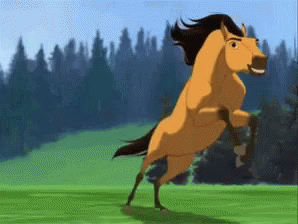 A Cartoon Horse Is Running On Its Hind Legs On A Grassy Field . GIF