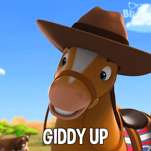 A Cartoon Horse Is Wearing A Cowboy Hat And The Word Giddy Up Is Above It GIF