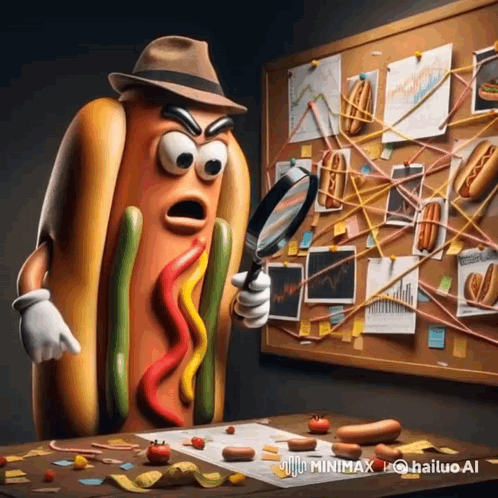 A Cartoon Hot Dog Looking Through A Magnifying Glass At A Bulletin Board GIF