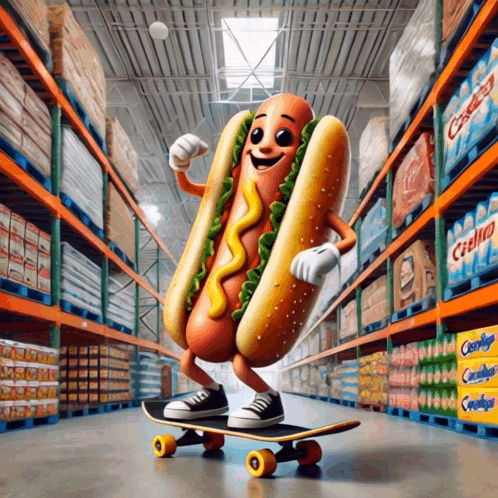 a cartoon hot dog riding a skateboard in a store