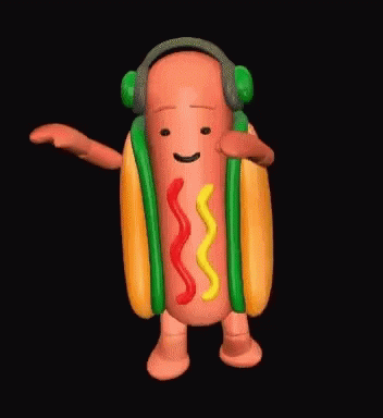 A Cartoon Hot Dog Wearing Headphones And Ketchup And Mustard Is Dancing . GIF