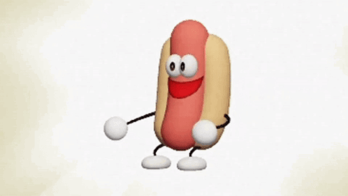 a cartoon hot dog with arms and legs dancing