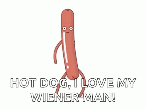 A Cartoon Hot Dog With Arms And Legs Says Hot Dog I Love My Wiener Man ! GIF