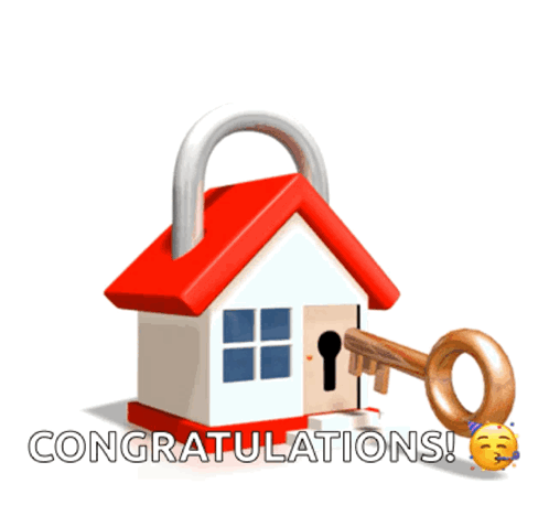 A Cartoon House With A Padlock And A Key And The Words Congratulations GIF