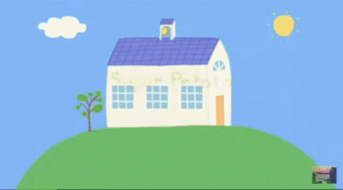 A Cartoon House With The Words Super Potato On The Side GIF