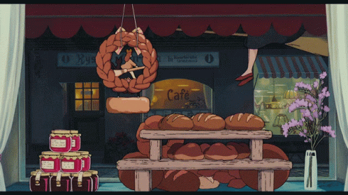 A Cartoon Illustration Of A Bakery With A Sign That Says Cafe GIF