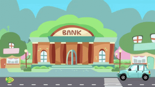 A Cartoon Illustration Of A Bank And A Car GIF