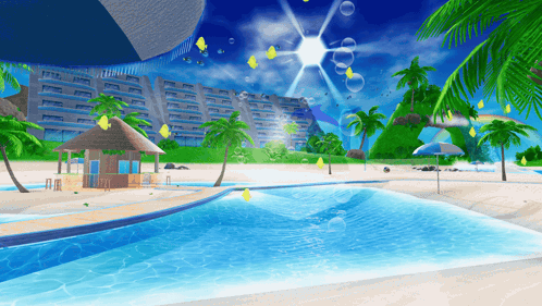 Beach Scene With Palm Trees And Umbrellas GIF