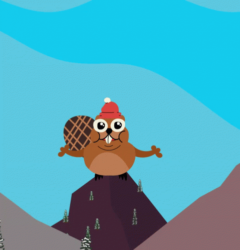 a cartoon illustration of a beaver wearing a red hat and a speech bubble that says o canada