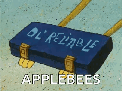 A Cartoon Illustration Of A Blue Suitcase With The Words `` Ol ' Reliable Applebees '' Written On It . GIF
