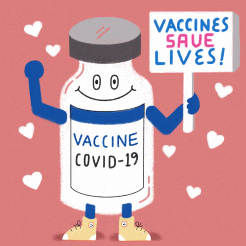 A Cartoon Illustration Of A Bottle Of Vaccine Covid-19 Holding A Sign That Says Vaccines Save Lives GIF