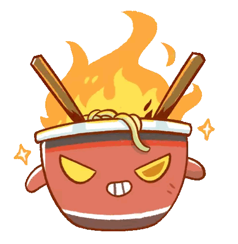 a cartoon illustration of a bowl of noodles with chopsticks and flames coming out of it