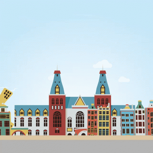 A Cartoon Illustration Of A City With A Building That Says ' Amsterdam ' On It GIF