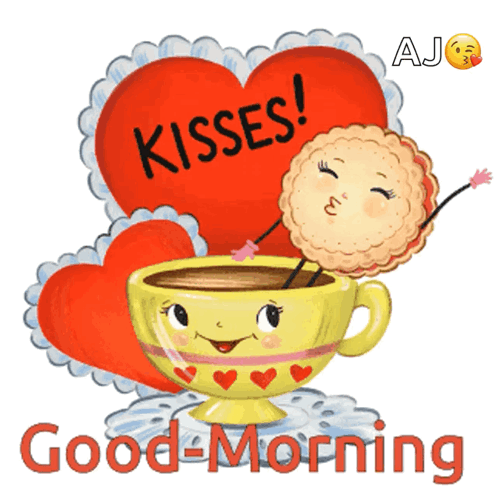 A Cartoon Illustration Of A Cup Of Coffee With A Cookie Kissing It With The Words " Kisses Good Morning " Below It GIF