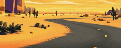 A Cartoon Illustration Of A Desert Road With Cactus In The Background GIF