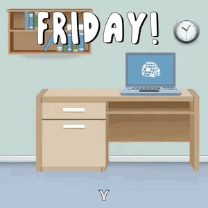 A Cartoon Illustration Of A Desk With A Laptop And The Words Friday GIF