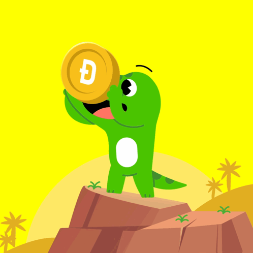 A Cartoon Illustration Of A Dinosaur Holding A Coin With The Letter D On It GIF