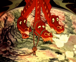 A Cartoon Illustration Of A Dragon With Three Heads GIF