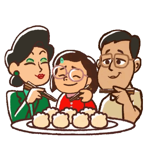 a cartoon illustration of a family eating dumplings together